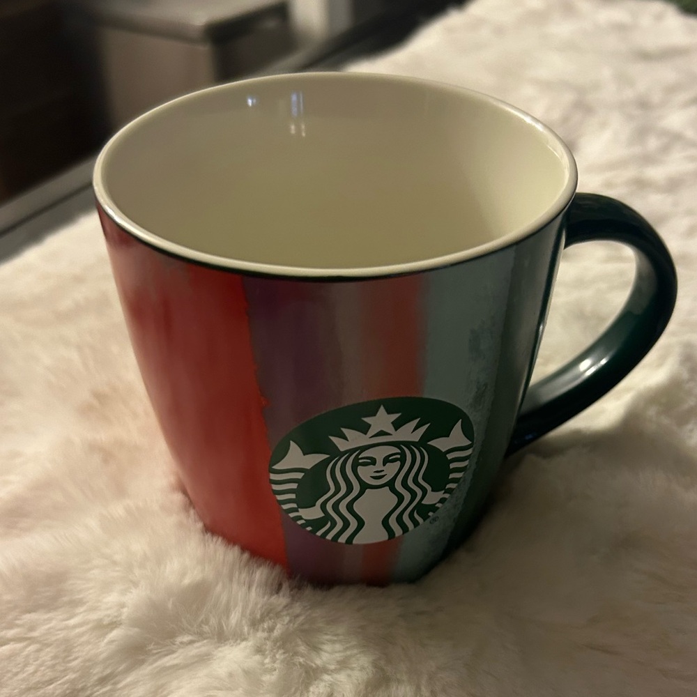 Starbucks Colorful Abstract Coffee Mug Holiday Green Red Purp defect